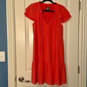 Vince Camuto Pleated Flutter Sleeve Tiered Babydoll Dress Size 8 Coral Orange